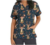 RLEHJN Uniforme Medical Femme Noel Haut D'infirmière De Soignant Chemise Femme Manches Courtes Col V Hauts De Noël Motif Père Tunique Lâche Blouse De Travail Imprimé De Noël pour Femmes