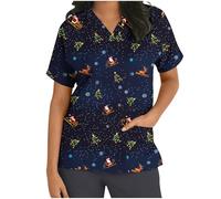 RLEHJN Uniforme Medical Femme Noel Haut D'infirmière De Soignant Chemise Femme Manches Courtes Col V Hauts De Noël Motif Père Tunique Lâche Blouse De Travail Imprimé De Noël Pour Femmes