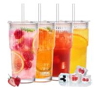 Rliocvhe 4 Pièces 600ml Verre à Eau avec Couvercle et Paille,Verre Matcha Latte,Gobelets en Tasse Rayé Transparent,Tasse à Jus,à Café Glacé,Smoothie Cup,pour Café Glacé,Smoothie,Lait,Jus,Tea