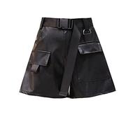 RLKHXBS Automne Hiver PU Leather Femme Chargo Short avec Ceinture Haute Taille à la Jambe Large Femelle