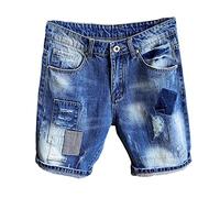 RLKHXBS Men's Blue Patchwork Denim Shorts Jeans Straight Fit Slim Five-Point Denim Middle Pants Ripped Thin Five-Point Pants