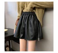RLKHXBS PU Leather Shorts Women Loose Wide Leg Elastic Waist All-Match Zipper- Female