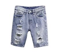 RLKHXBS Summer Men's Ripped Light Blue Denim Shorts Jeans Five-Point Pants Loose Straight-Leg Pants