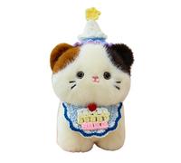 RLOMUTE Chat Tricolore en Peluche avec Foulard Motif Gâteau, 22 cm - Animaux en Peluche Super Doux pour Enfants, Fête d'anniversaire, Décoration Chambre
