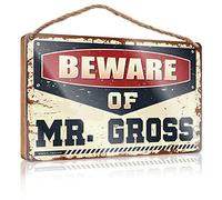 RLVH Panneau décoratif pour porte d'entrée avec inscription « Beware of Mr. Gross » - Panneau en bois amusant pour décoration de salle de bain (20 x 30 cm)