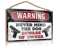 RLVH Panneau en bois avec dictons « Never Mind The Dog Beware Of Owner » - Décoration d'intérieur occidentale (15 x 28 cm)