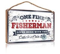 RLVH Panneau en bois décoratif « One Fine Fisherman Lives Here With The Catch Of His Life » - Panneau d'automne pour décoration d'intérieur et de bureau - Fu (20 x 30 cm)