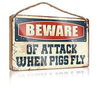 RLVH Panneau en bois pour porte d'entrée avec inscription « Beware Of Attack When Pigs Fly » - Décoration d'intérieur - 15 x 28 cm
