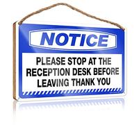 RLVH Panneau en bois pour porte d'entrée avec inscription « Notice Please Stop At The Reception Desk Before Leaving Thank You » - Décoration d'intérieur - Panneau en bois - Panneau « No Solociting