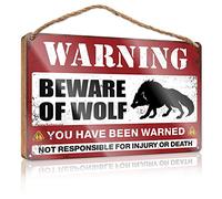 RLVH Plaque pour porte d'entrée Beware Of Wolf en bois Décoration à suspendre pour porche extérieur (15 x 28 cm)