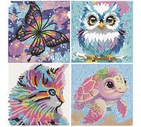 RLXMARTD Lot de 4 kits de peinture diamant 5D pour enfants, kit d'art mosaïque à strass pour garçons, filles, débutants, sans cadre (papillon, chat, tortue de mer, hibou) - 15 x 15 cm