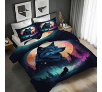 RLYXGS Housse de Couette 140x200 Réversible Loup Parure de Lit 1 Personne Lune Forêt 3D Douce Microfibre 3 Pièces avec Fermeture Éclair et 2 Taies d'oreillers 65x65 pour Enfant 2R40