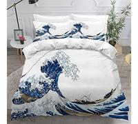 RLYXGS Housse De Couette 140x200cm Enfant Ado Japonais Vagues De Kanagawa Parure de lit 3D Japon Microfibre 1 Personnes avec Fermeture Éclair Et 2 Taies D'Oreill 3 pièces pour Garçon Fille Adulte