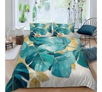 RLYXGS Parure de lit 2 Personnes Or Feuilles Imprimé 3D Housse de Couette 200x200 avec Fermeture Éclair avec 2 Taie d'oreiller 50X75 Doux Polyester 3 pièces Feuilles De Palmier Bedding pour Ado Fille