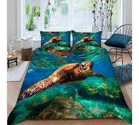 RLYXGS Parure de lit 2 Personnes Tortue De Mer Imprimé 3D Housse de Couette 240x260 avec Fermeture Éclair avec 2 Taie d'oreiller 50X75cm Doux Microfibre 3 pièces Créatures Aquatiques pour Adultes