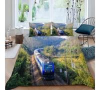 RLYXGS Parure de lit 2 Personnes Train Imprimé 3D Housse de Couette 200x200 avec Fermeture Éclair avec 2 Taie d'oreiller 50X75 Doux Polyester 3 pièces Forêt Montagne Bedding pour Ado Fille