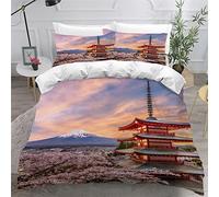 RLYXGS Parure de Lit Fleurs De Cerisier 3 Pièces 200x200cm 3D HD Impression Pagode Mont Fuji Housse De Couette 2 Personnes en Microfibre Douce Dousse de Couette pour Enfants Adultes + 2 Taies 50X75cm
