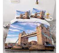 RLYXGS Pont De La Tour Housse De Couette 140x200cm 3D BâTiment EmbléMatique Ensemble de literie 100% Polyester Douce Voyage Parure de lit vecFermeture à Glissière Cachée et taie d'oreiller 3 pièces