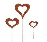 RM E-Commerce Lot de 3 Piques de Jardin, Cœurs en métal rouillé, Décoration de Jardin Cœur sur bâton 60x18cm