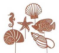 RM E-Commerce Lot de 6 décorations de jardin en métal patiné avec poissons et coquillages pour jardin, terrasse ou balcon