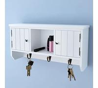 RMIHSJG Armoire murale pour clés avec portes et crochets en blanc vieilli - Rangement des clés avec 3 crochets, 2 compartiments et étagère - Organiseur en MDF pour la maison
