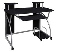 RMIHSJG Bureau d'ordinateur en bois avec plateau de clavier extensible et roulettes, 2 étagères et large surface de travail, noir 110 x 52 x 88,5 cm