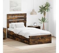 RMIHSJG Cadre de lit en chêne fumé, 75 x 190 cm, bois d'ingénieur, avec cadre à lattes et tiroirs cachés, pour chambre moderne, design robuste en bois