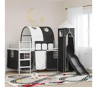 RMIHSJG Cadre de lit mezzanine moderne avec rideaux, arche, toboggan et tour en blanc et noir, 99,5 x 200 cm, en métal, sommier à lattes robuste et espace de couchage confortable