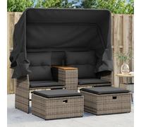 RMIHSJG Canapé de jardin 2 places avec toit pare-soleil extensible et tabourets en polyrotin gris, imperméable et résistant aux intempéries, avec plateau pratique et housses amovibles