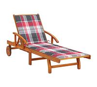 RMIHSJG Chaise longue avec coussin en bois d'acacia massif, chaise longue réglable avec 2 roues, table extensible et 2 jeux de bandes de fixation pour terrasse et jardin