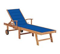 RMIHSJG Chaise longue classique en teck massif avec coussin bleu roi, dossier réglable et 2 roues pour terrasse et jardin, bois résistant aux intempéries pour une longue durée de vie