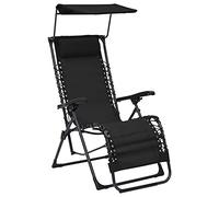 RMIHSJG Chaise longue pliante noire avec toit pare-soleil, chaise de jardin réglable, en textilène et structure en acier, pour terrasse, balcon, 4 positions, résistante aux intempéries et confortable