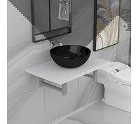 RMIHSJG Ensemble de 2 meubles de salle de bain en céramique blanche avec étagère murale et bac rond, ensemble de salle de bain élégant pour buanderie, lavabo en céramique brillante et étagère stable