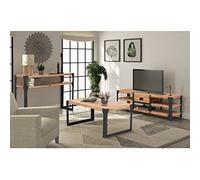 RMIHSJG Ensemble de 3 meubles de salon en bois d'acacia massif avec table TV, table basse et table console aspect brossé et acier pour un style industriel, ensemble de meubles robustes