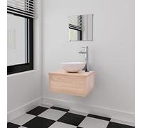 RMIHSJG Ensemble de 4 meubles de salle de bain avec lavabo et robinet beige - Meuble bas mural, miroir et lavabo en céramique pour salle de bain moderne
