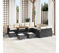 RMIHSJG Ensemble de canapé de jardin 14 pièces avec coussins noirs en polyrotin acacia, 4 pièces modulaires avec coussins crème, polyester résistant aux intempéries, texture tissée à la main