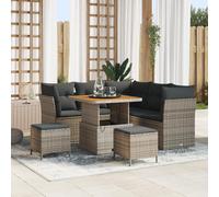 RMIHSJG Ensemble de canapé de jardin, 8 pièces, avec coussins gris en polyrotin et acacia, meubles d'extérieur modulaires pour terrasse et jardin, résistant aux intempéries et tissé à la main pour un