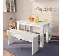 RMIHSJG Ensemble de salle à manger 3 pièces avec table et bancs en bois blanc avec bords en PVC, ensemble de table stable et durable pour un montage et un nettoyage faciles