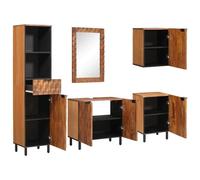 RMIHSJG Ensemble de salle de bain moderne 5 pièces en bois de manguier massif marron acacia, armoire, miroir, deux armoires et boîte murale pour un espace de rangement élégant et élégant