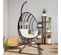 RMIHSJG Fauteuil suspendu design œuf avec support beige rotin et acier, chaise à bascule pour jardin et salon, structure en acier, coussins amovibles, housse lavable, charme rustique