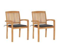 RMIHSJG Lot de 2 chaises de jardin avec coussins anthracite en teck massif pour terrasse et extérieur, design vintage, empilables, résistantes aux intempéries, durables, avec dossier à lattes