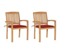 RMIHSJG Lot de 2 chaises de jardin avec coussins rouges en teck massif pour terrasse et extérieur, empilables, style vintage, avec dossier à lattes et accoudoirs pour plus de confort