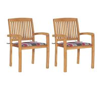 RMIHSJG Lot de 2 chaises de jardin en teck massif avec coussins à carreaux rouges - Empilables - Vintage - Avec dossier à lattes et accoudoirs - Pour terrasse
