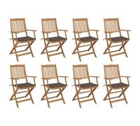 RMIHSJG Lot de 8 chaises de jardin pliantes avec coussin, en bois d'acacia massif, résistantes aux intempéries, pour terrasse et cour, chaises de salle à manger d'extérieur confortables avec bandes de