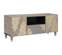 RMIHSJG Meuble TV avec étagère - Gris - 105 x 33 x 46 cm - Bois massif de mangue - Avec design imprimé doré et poignées en laiton - Armoire de rangement avec deux portes pour médias et accessoires