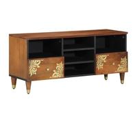 RMIHSJG Meuble TV marron miel - 100 x 33 x 46 cm - Bois massif mangue - Avec espace de rangement et sérigraphie dorée - Pour salon moderne - Design fonctionnel avec boutons en laiton et stable