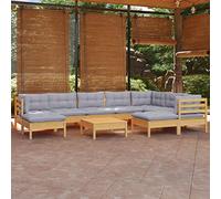 RMIHSJG Salon de jardin 10 pièces en pin massif avec coussins gris pour terrasse et balcon, ensemble de meubles d'extérieur robustes avec segments modulaires pour une personnalisation individuelle