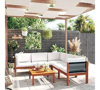 RMIHSJG Salon de jardin 6 pièces avec coussins en bois d'acacia et corde tressée couleur crème, coussins d'assise et de dossier rembourrés épais pour un confort ultime.