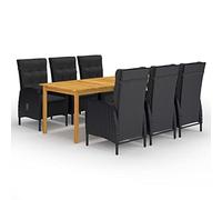 RMIHSJG Salon de jardin 7 pièces noir en bois d'acacia et rotin PE, table à manger avec finition à l'huile et 6 chaises résistantes aux intempéries avec dossiers confortables, ensemble de meubles