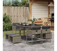 RMIHSJG Salon de jardin 9 pièces avec coussins gris en polyrotin, chaises et tabourets pliables pour un rangement peu encombrant, rembourrage confortable avec housse lavable, résistant aux intempéries